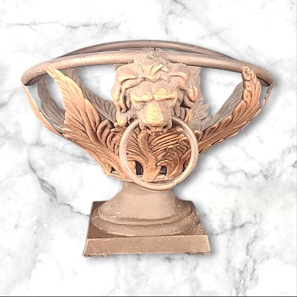 Wrought Iron Metal Basket With Lion Head Handles Pedestal Base Victorian Garden - Picture 3 of 11